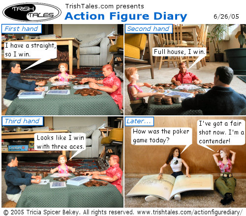 (1) [First hand] BRIAN: I have a straight, so I win. (2) [Second hand] ALEX: Full house, I win. (3) [Third hand] JANE: Looks like I win with three aces. (4) [Later...] LISA: How was the poker game today? JANE: I've got a fair shot now. I'm a contender!